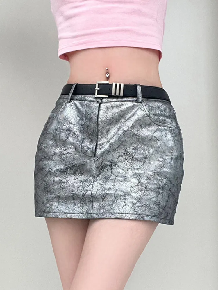 Silver Low Waist Leather Skinny Skirt
