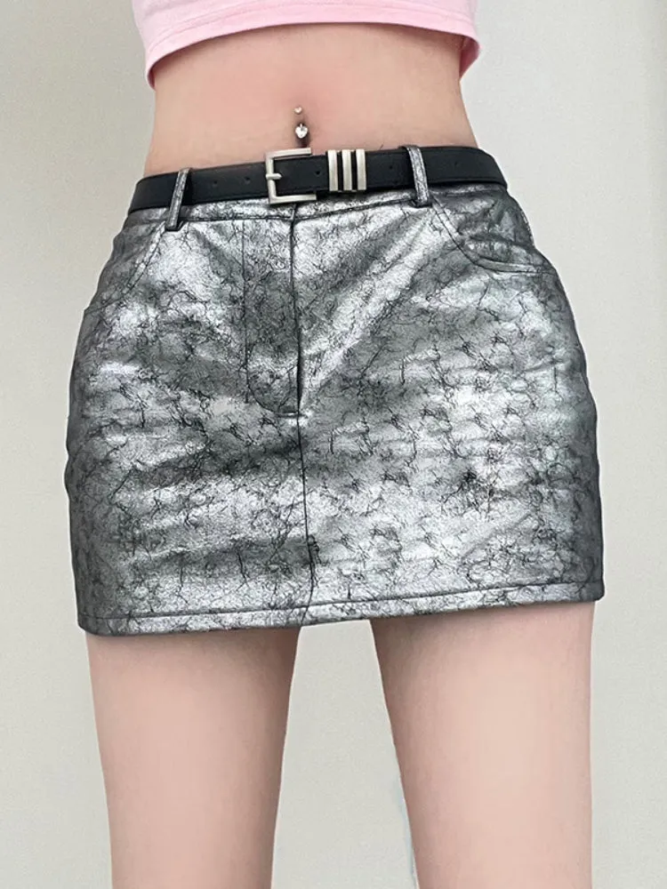 Silver Low Waist Leather Skinny Skirt