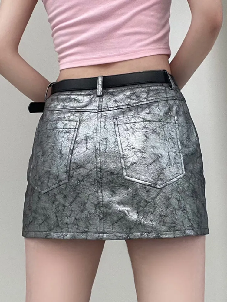 Silver Low Waist Leather Skinny Skirt