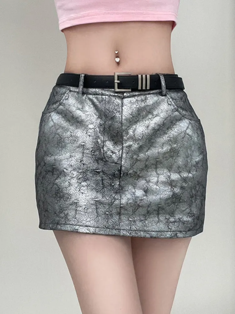 Silver Low Waist Leather Skinny Skirt